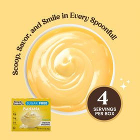 Nutrition label on Simply Delish Banana Pudding highlights low calories and low carbs.