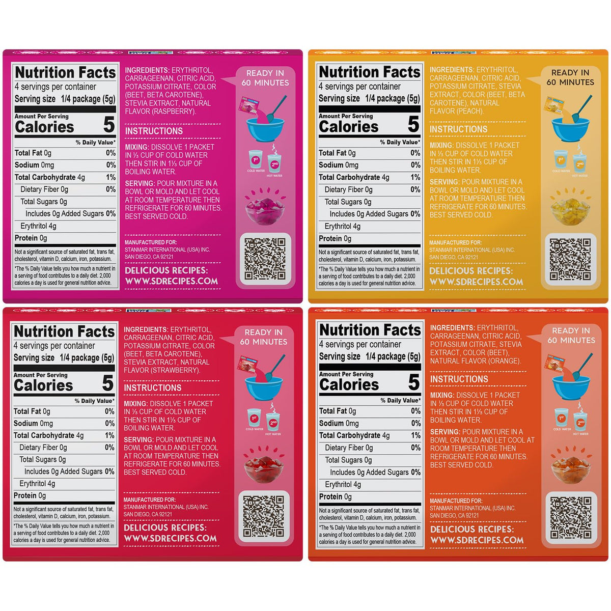 Simply Delish Jel Peach packaging shows vegan, low-calorie jelly in a 1.7 oz serving.