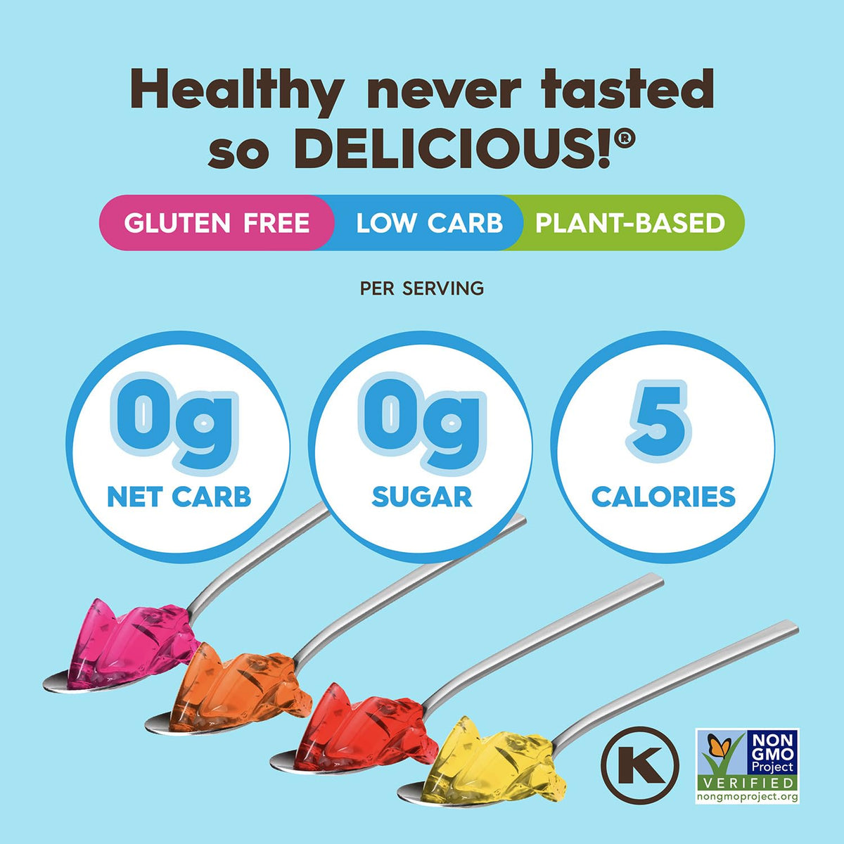 Simply Delish Jel Strawberry packaging highlights kosher-certified, vegan dessert variant.