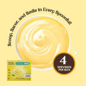 Simply Delish Lemon Pudding ingredients list featuring plant-based, non-GMO items