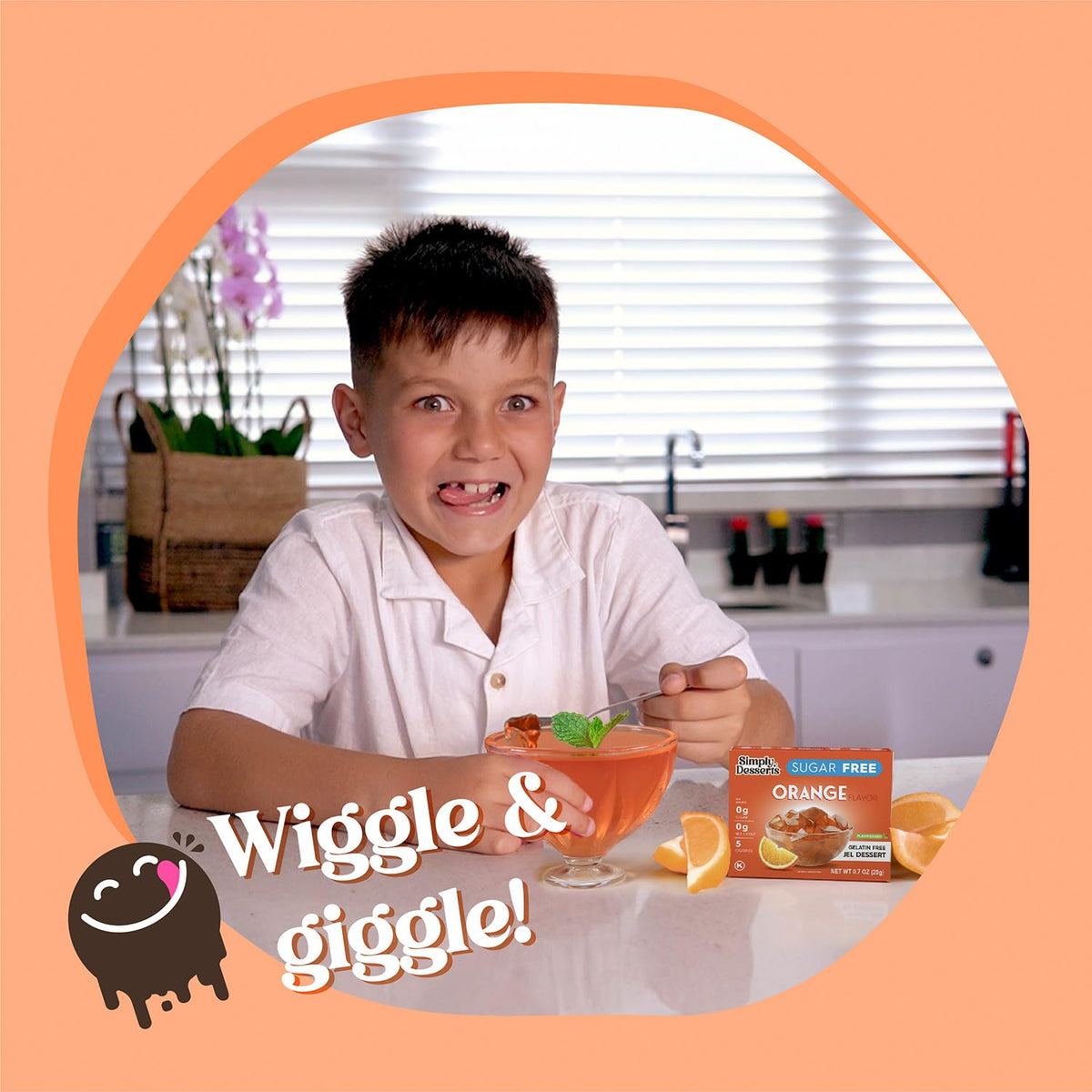 Simply Delish Orange Jel label highlights gluten-free ingredients and preparations.
