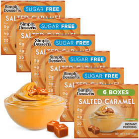 Simply Delish Salted Caramel Pudding packaging shows a sugar-free dessert option.