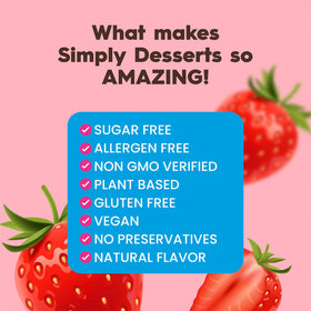Simply Delish Jel ingredients panel highlights sugar-free and vegan features.