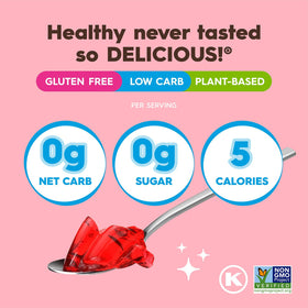 Simply Delish Jel keto-friendly claim highlights sugar-free dessert option.