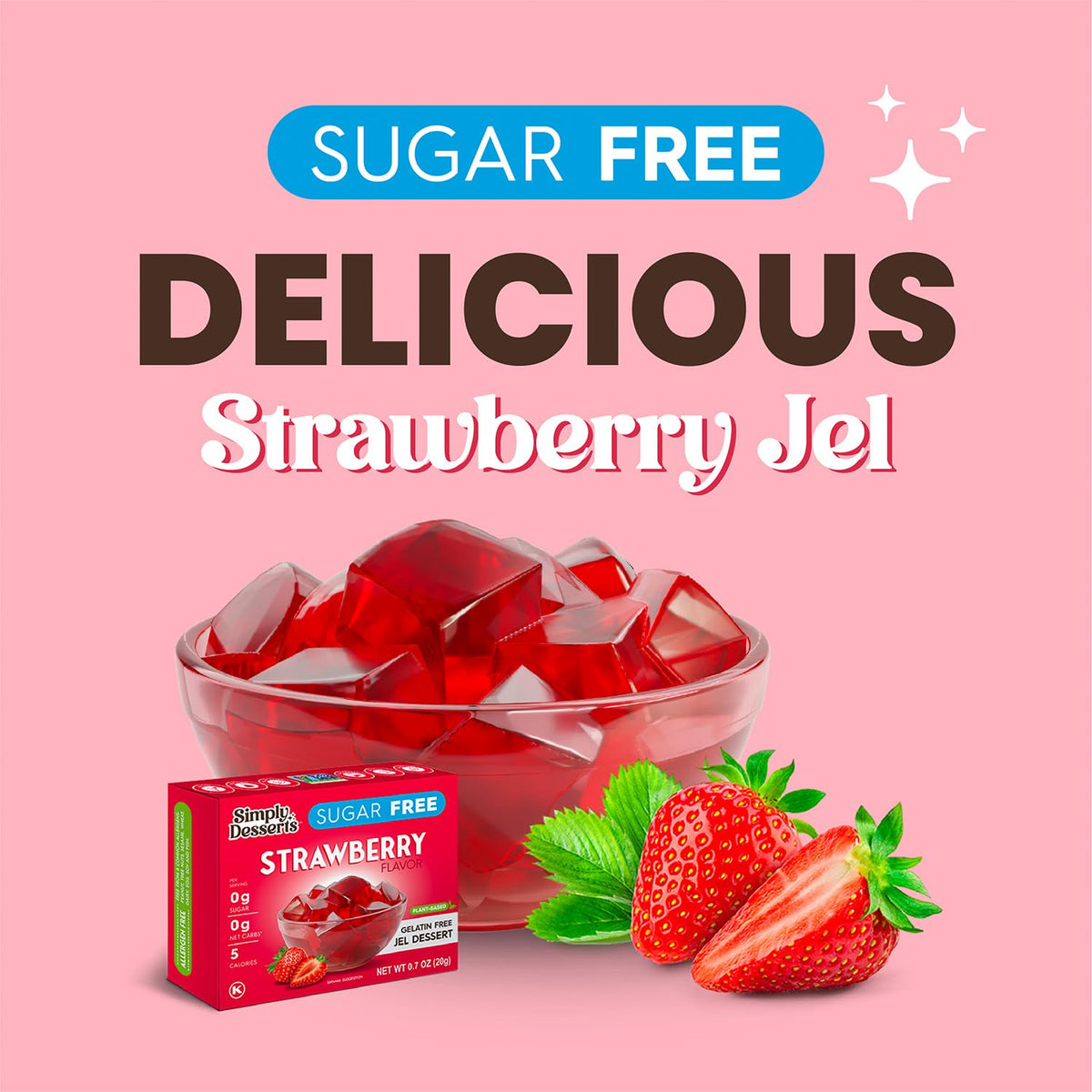 Simply Delish Jel vegan symbol on box signals plant-based indulgence.