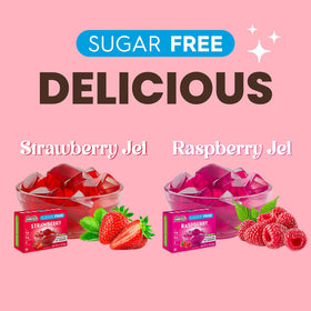 Simply Delish strawberry-raspberry jel dispensing spoon demonstrates quick, easy preparation.