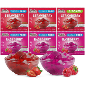 Simply Delish strawberry-raspberry jel-variety-6-pack on shelf, gluten-free and vegan-friendly.