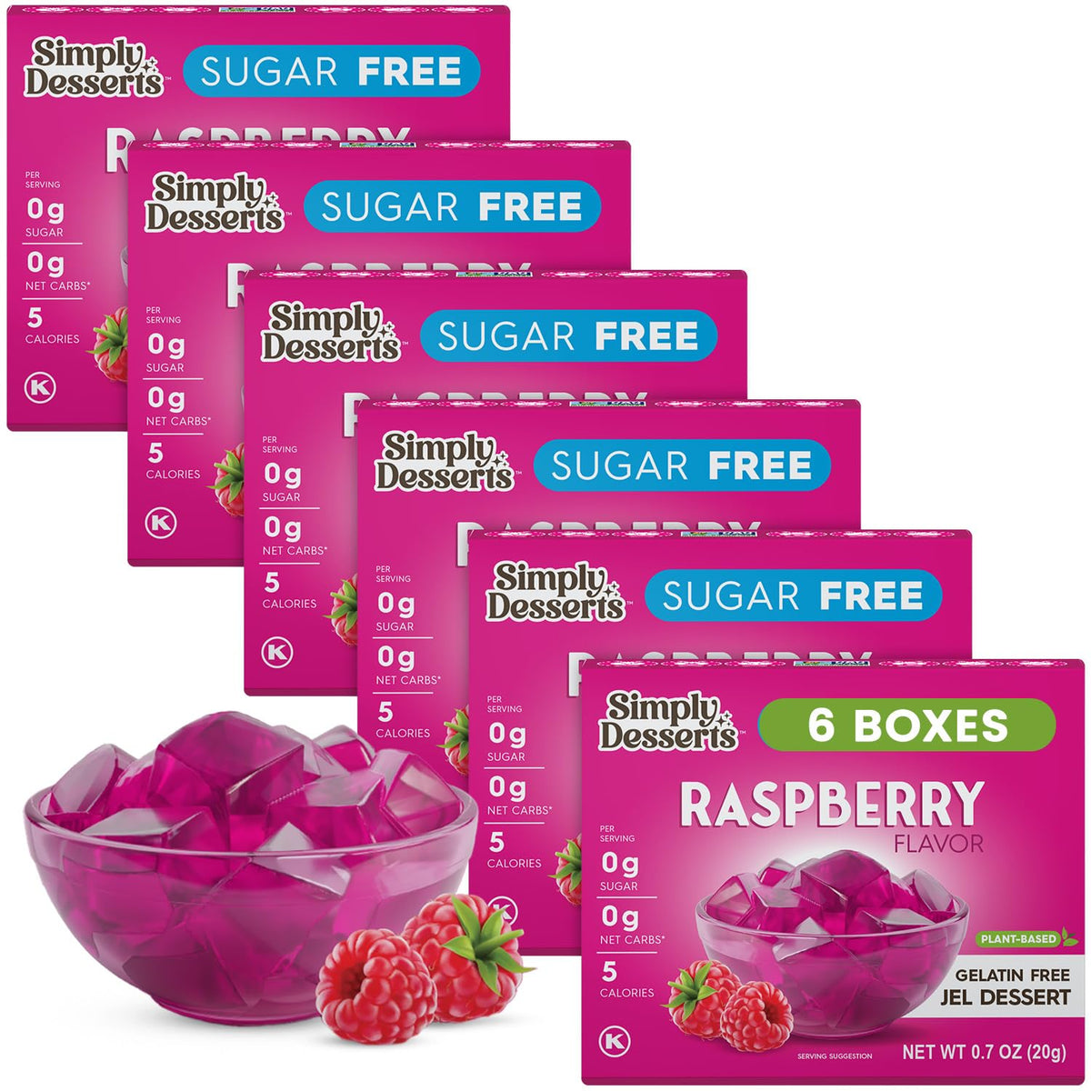 Simply Delish Sugar-Free Raspberry Jel packaging, gluten-free dessert option.