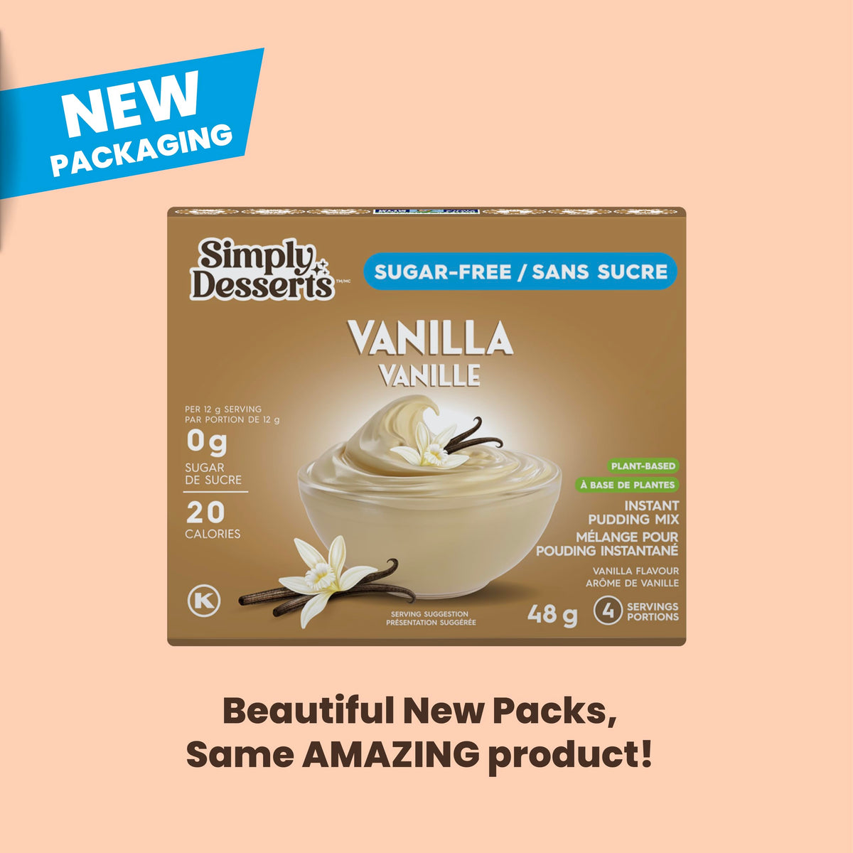 Kosher and allergen-friendly certification seals accompany Simply Delish pudding.
