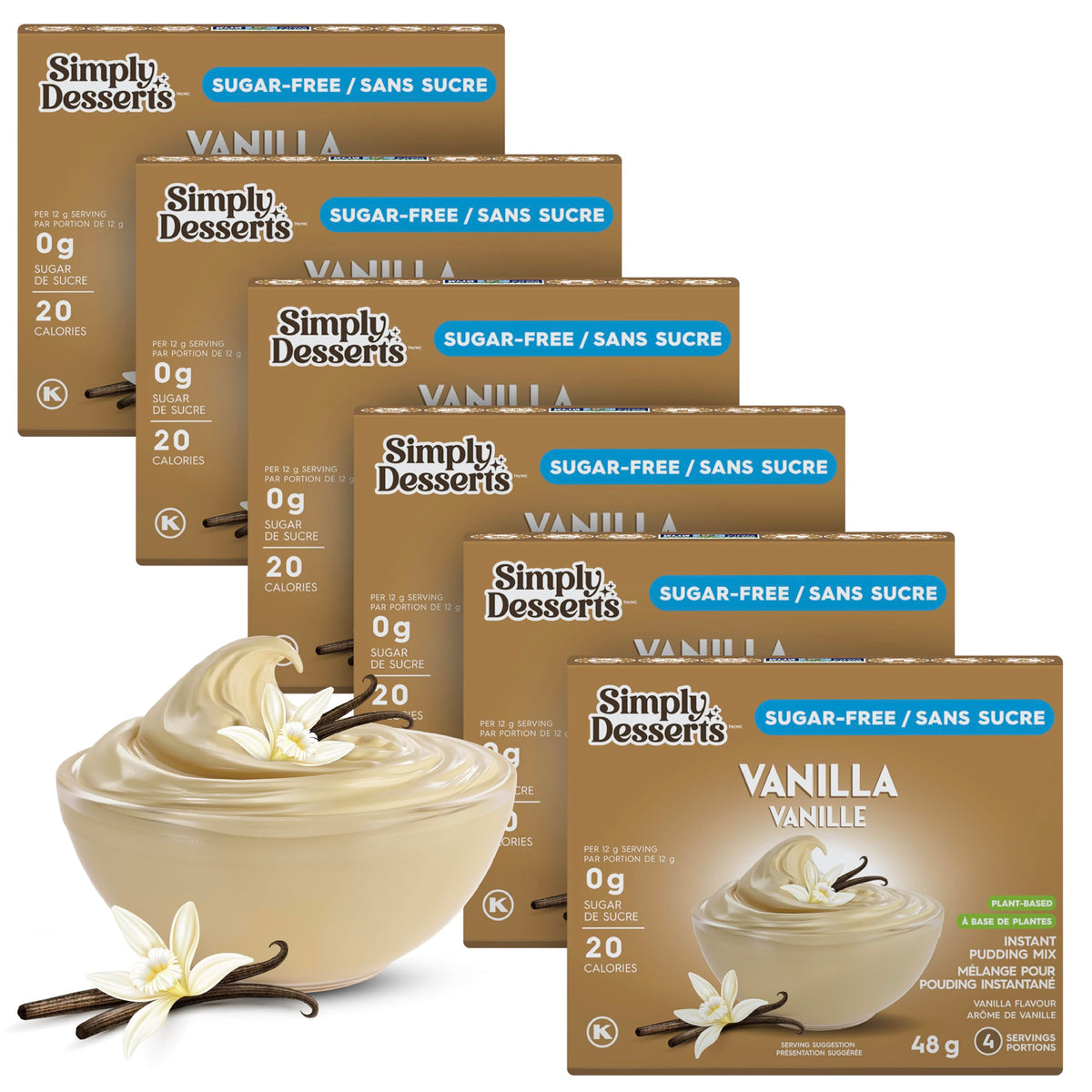 Simply Delish Vanilla Pudding packaging highlights a sugar-free, keto-friendly dessert in a convenient 6-pack.