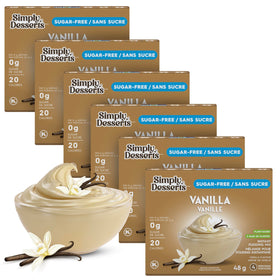 Simply Delish Vanilla Pudding packaging highlights a sugar-free, keto-friendly dessert in a convenient 6-pack.