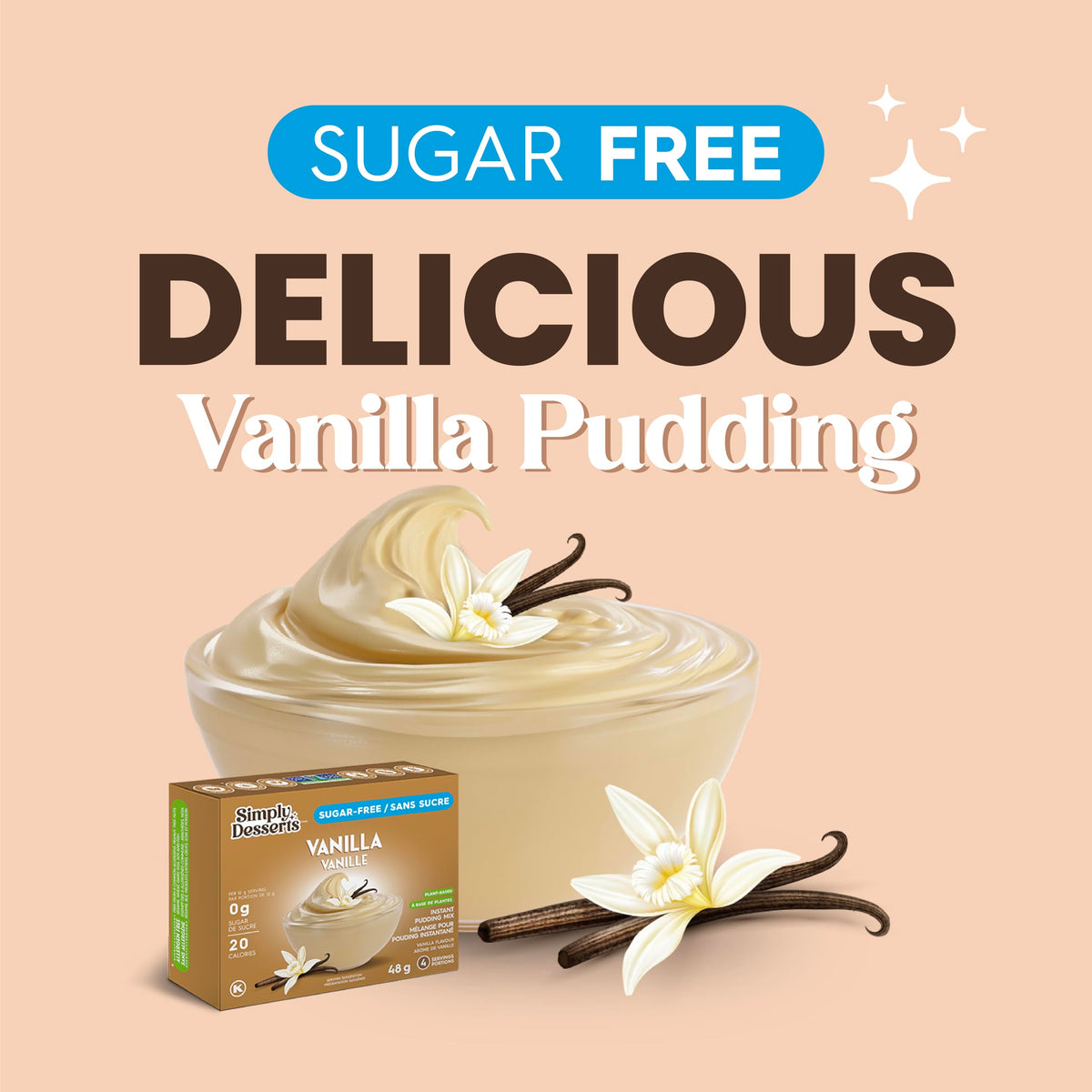 Close-up of Simply Delish Vanilla Pudding powder emphasizes plant-based, non-GMO quality.