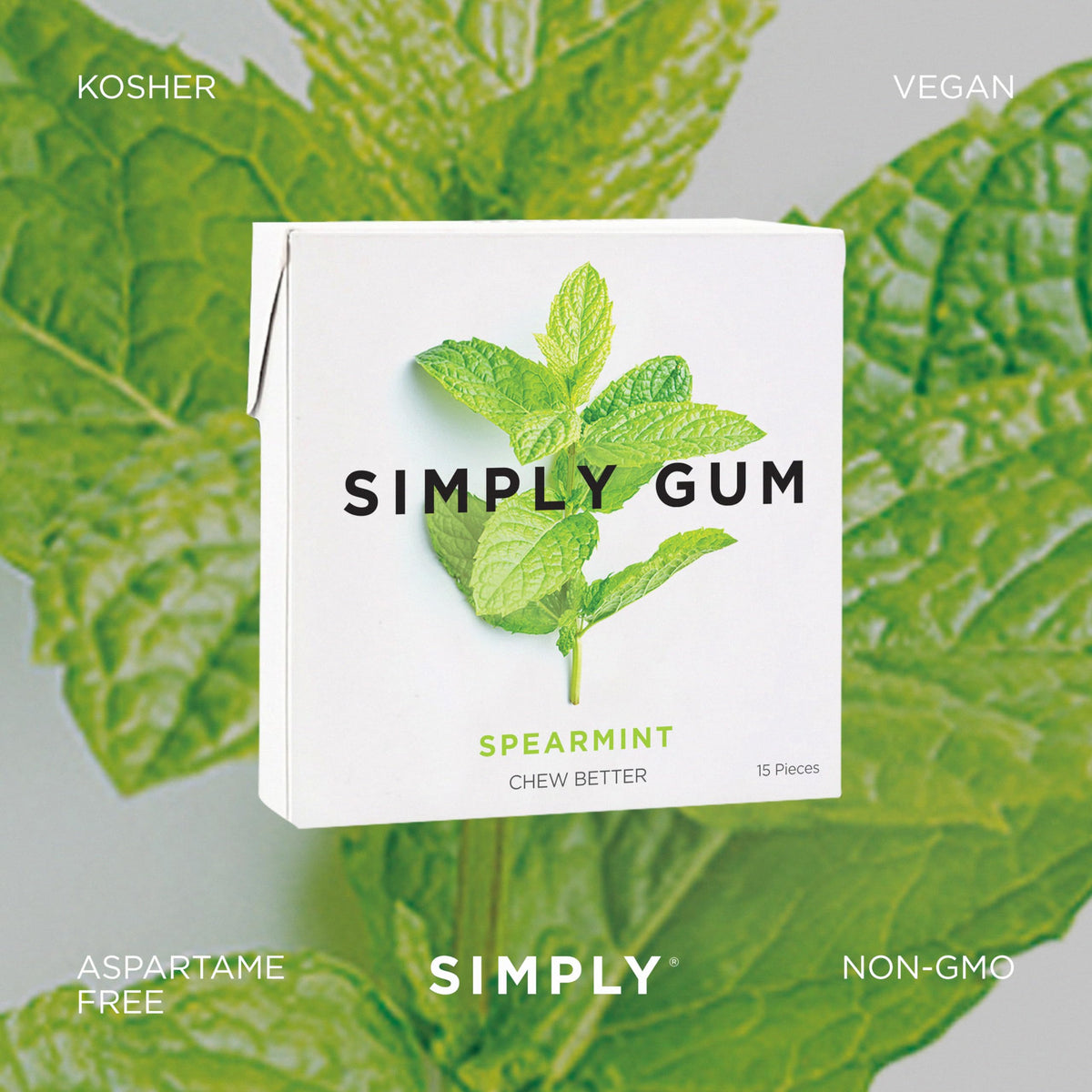 Simply Gum spearmint chew showing texture and smooth bite.