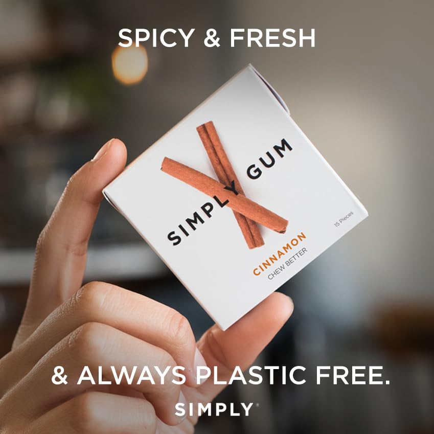 Simply Gum Cinnamon ingredients list; natural, non-GMO, vegan formula.