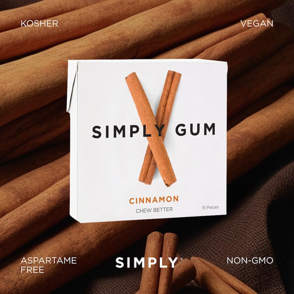 Simply Gum Cinnamon on-the-go; slim pack fits in pocket for travel.