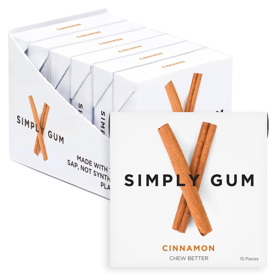Simply Gum Cinnamon pack front; plastic-free packaging for on-the-go freshness.