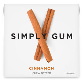 Simply Gum Cinnamon packaging close-up showing eco-friendly materials and clean ingredient list