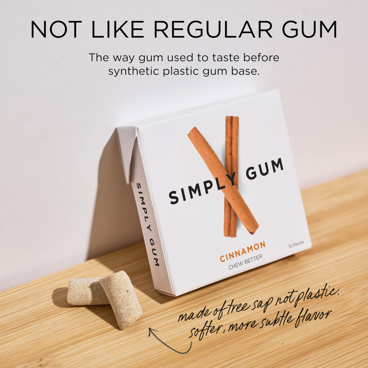 Plastic-free packaging on Simply Gum Cinnamon emphasizes eco-friendly, travel-friendly sourcing.