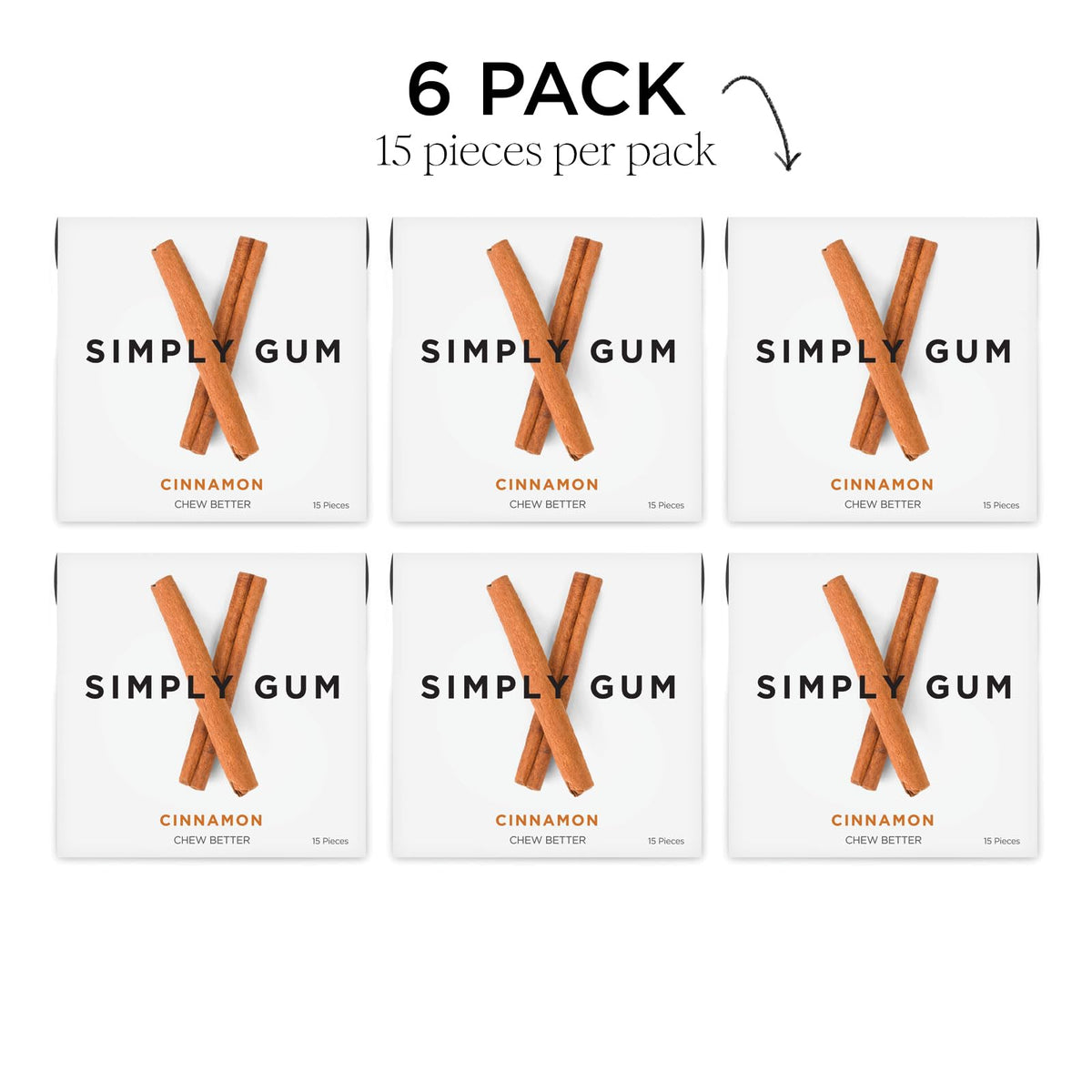 Simply Gum Cinnamon piece out of pack highlights convenient vegan, cruelty-free chewing on the go.