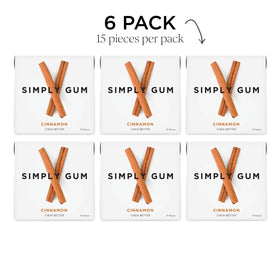 Simply Gum Cinnamon piece out of pack highlights convenient vegan, cruelty-free chewing on the go.