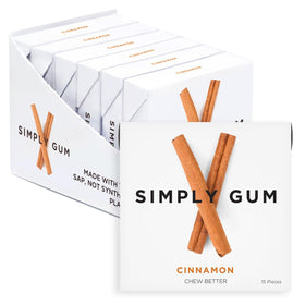 Simply Gum Cinnamon six-pack front shows natural flavor and plastic-free packaging.