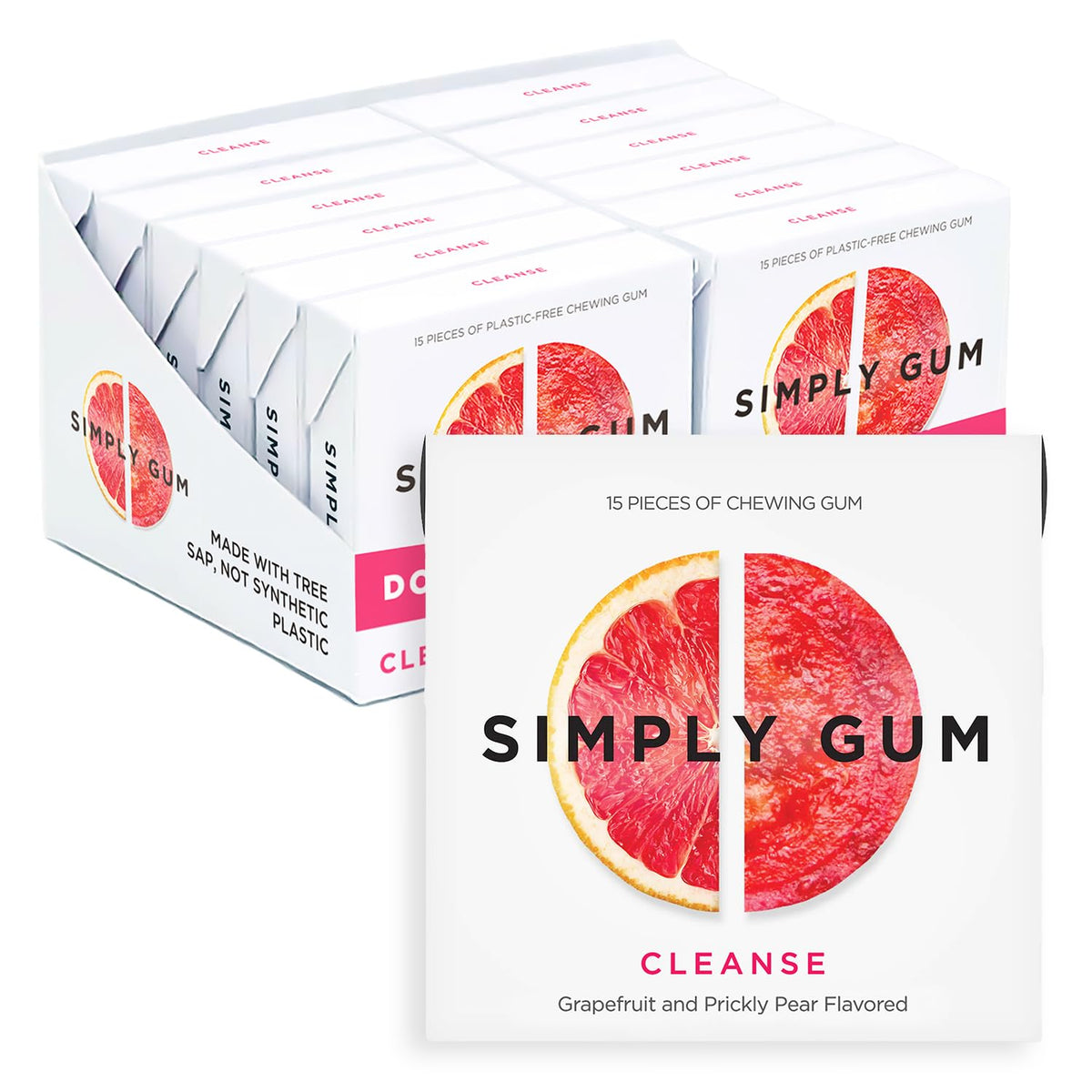 Simply Gum Cleanse Grapefruit Prickly Pear packaging highlights natural, plastic-free chew