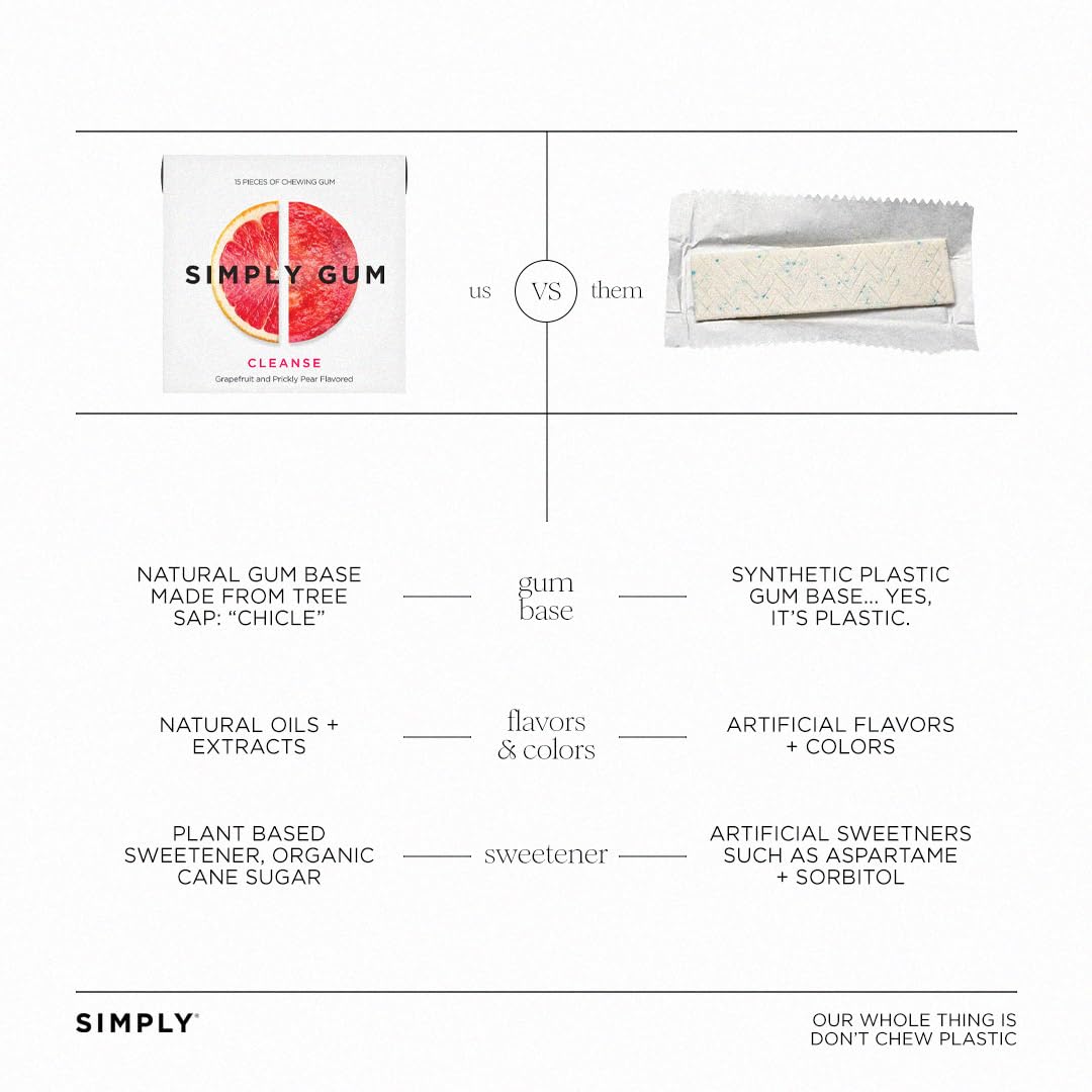 Simply Gum Cleanse vegan, kosher, non-GMO credentials and packaging