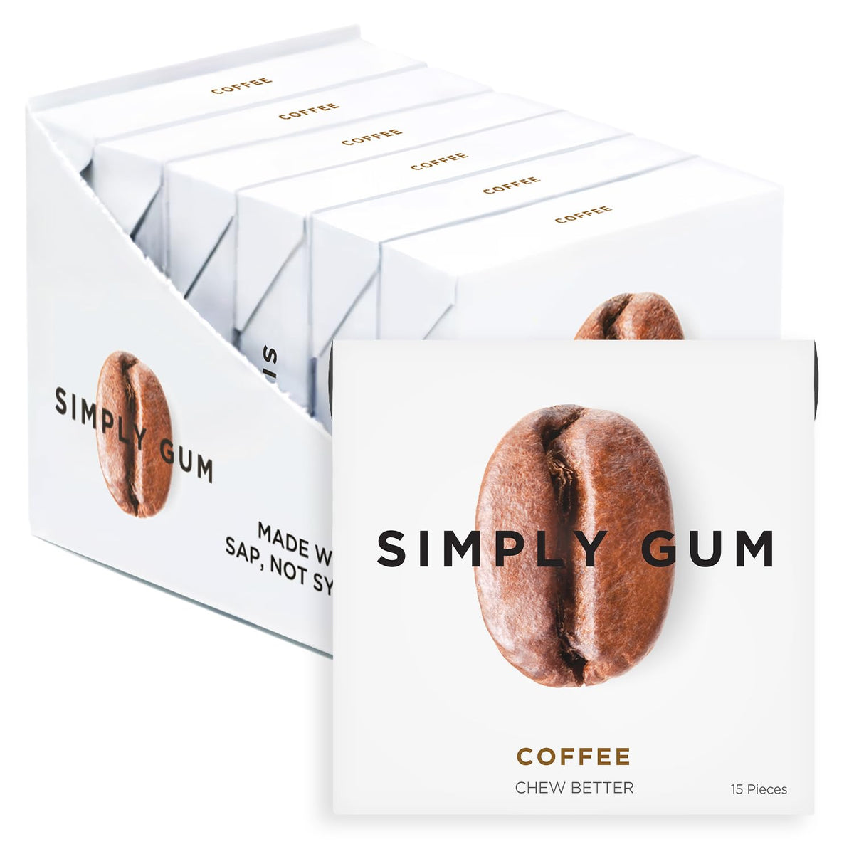 SIMPLY Gum Coffee pack shows plastic-free, natural chewing with 90 pieces.