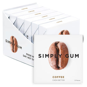 SIMPLY Gum Coffee pack shows plastic-free, natural chewing with 90 pieces.