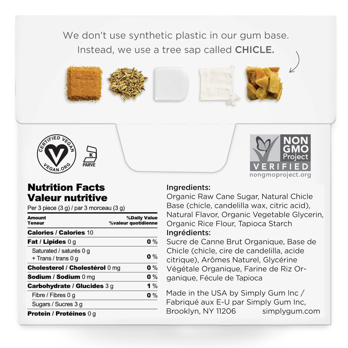 SIMPLY Gum fennel back shows transparent ingredients and plastic-free commitment