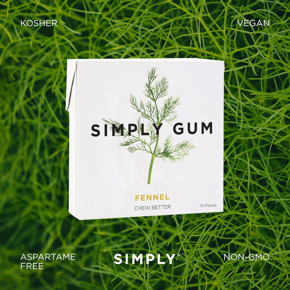 SIMPLY Gum fennel vegan and kosher icons indicate dietary compatibility