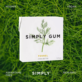 SIMPLY Gum fennel vegan and kosher icons indicate dietary compatibility