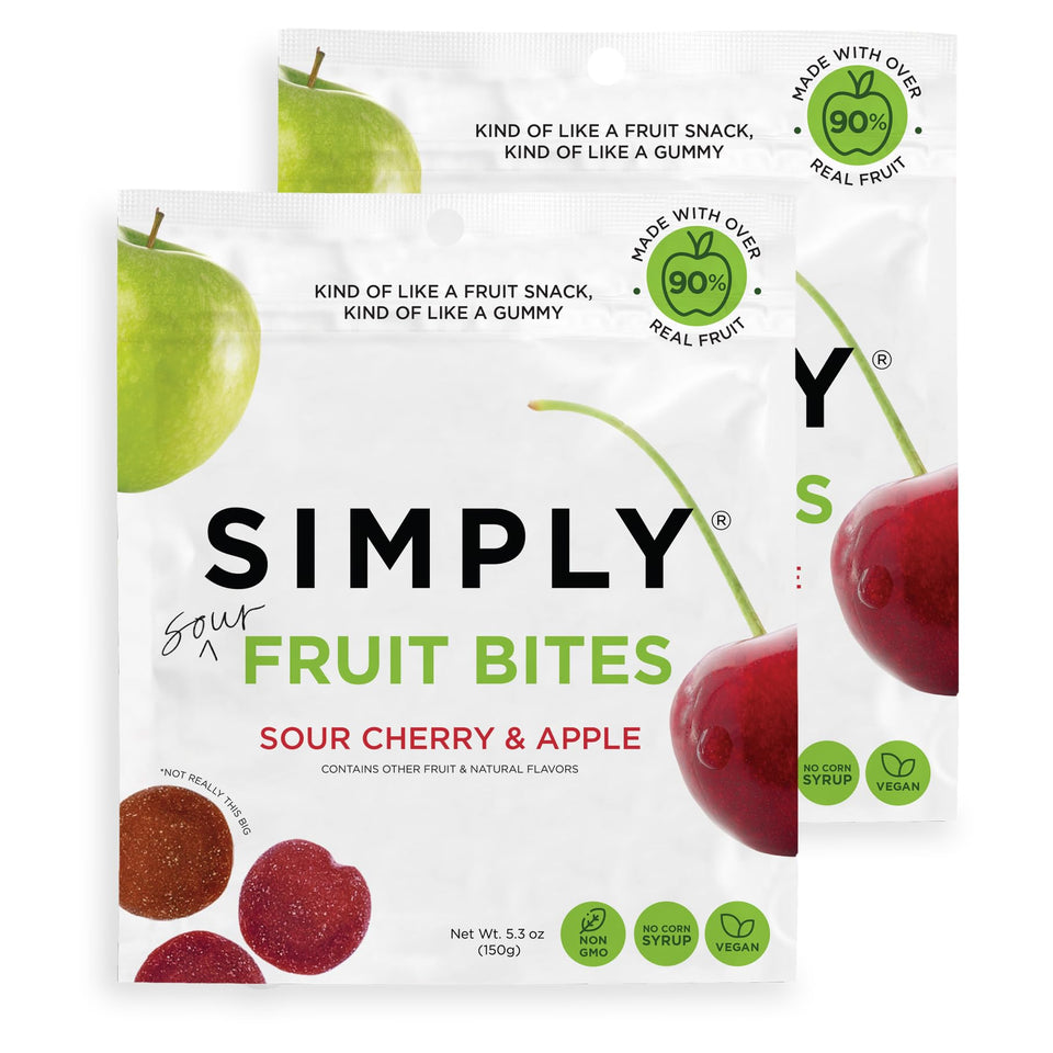 Simply Gum Fruit Bites packfront showing bright branding for on-the-go real-fruit snacking