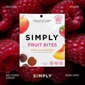 Simply Gum Fruit Bites peach-raspberry close-up, soft chewy texture.