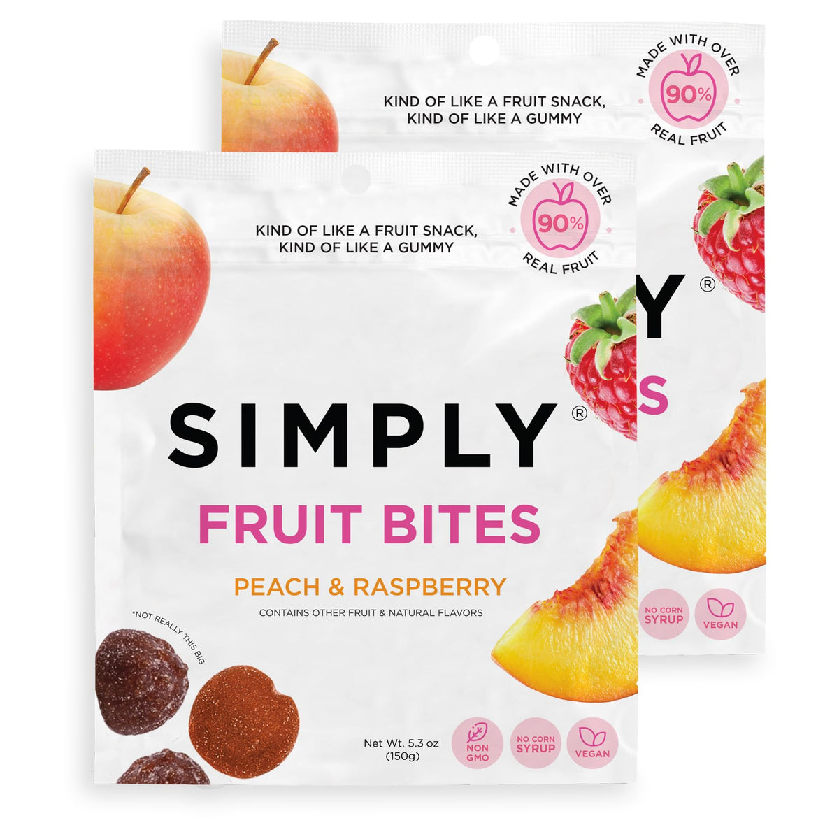 Simply Gum Fruit Bites peach and raspberry pack, a real fruit snack for busy days.