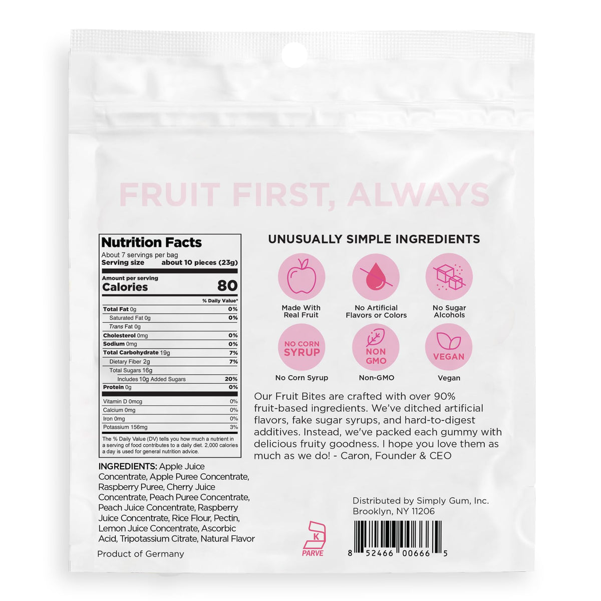 Simply Gum Fruit Bites real fruit puree ingredients on the label.