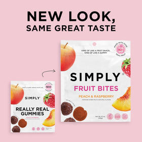 Simply Gum Fruit Bites soft-chewy texture shown in a snack motif.