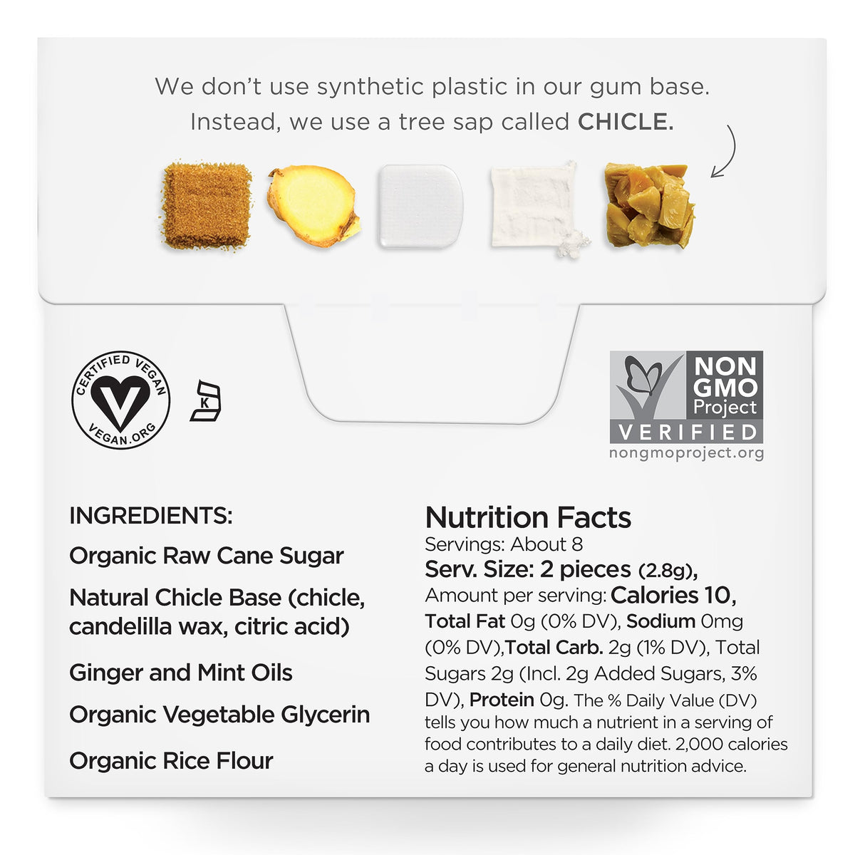 Simply Gum Ginger packaging back shows a transparent ingredients list.