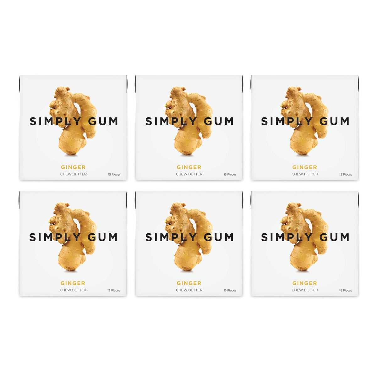 Six-pack box of Simply Gum Ginger with 90 pieces for everyday use.