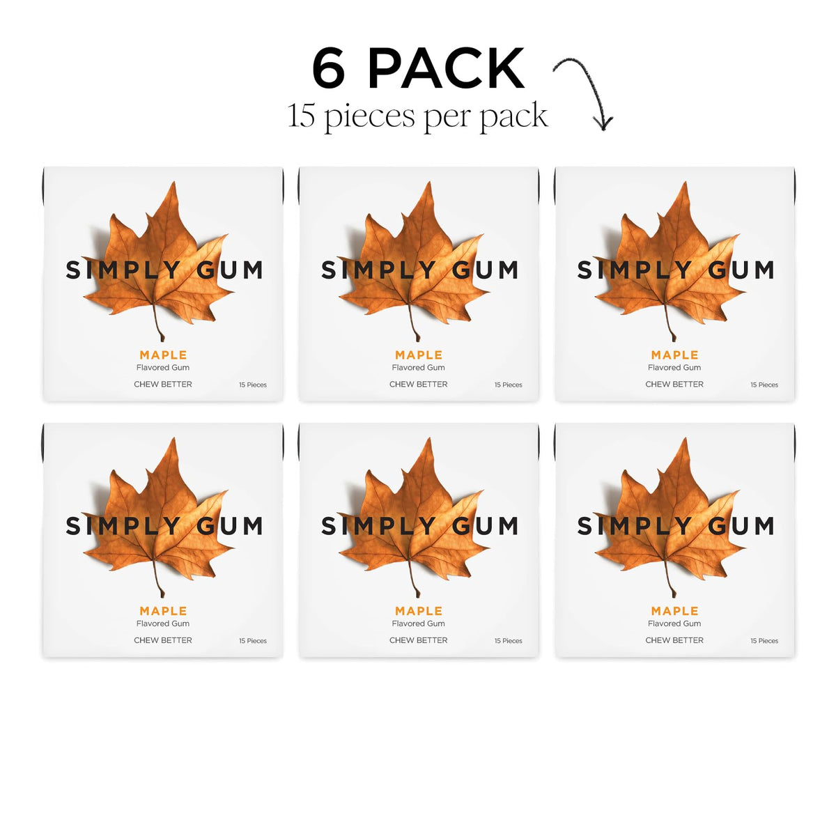SIMPLY GUM Maple pack detail showing 6-pack, 90 pieces.