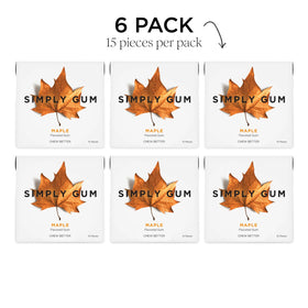 SIMPLY GUM Maple pack detail showing 6-pack, 90 pieces.