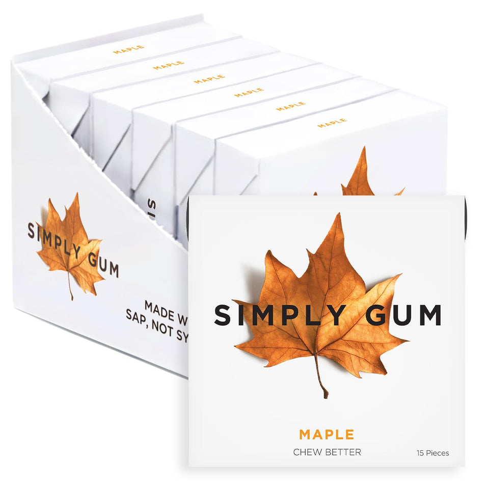 SIMPLY GUM Maple pack front view showing plastic-free packaging and clean ingredients.