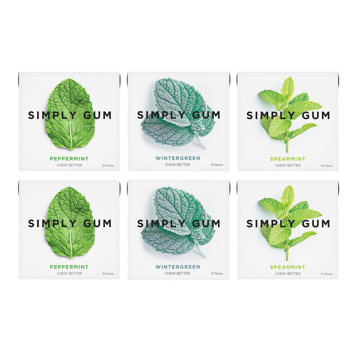 SIMPLY Gum Mint variant pack hero, plastic-free chew with natural chicle for a clean breath.