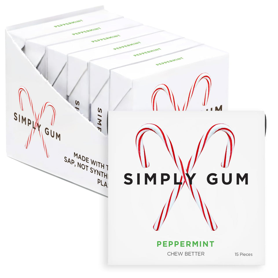 Simply Gum Peppermint Candy Cane Box front view with plastic-free packaging.