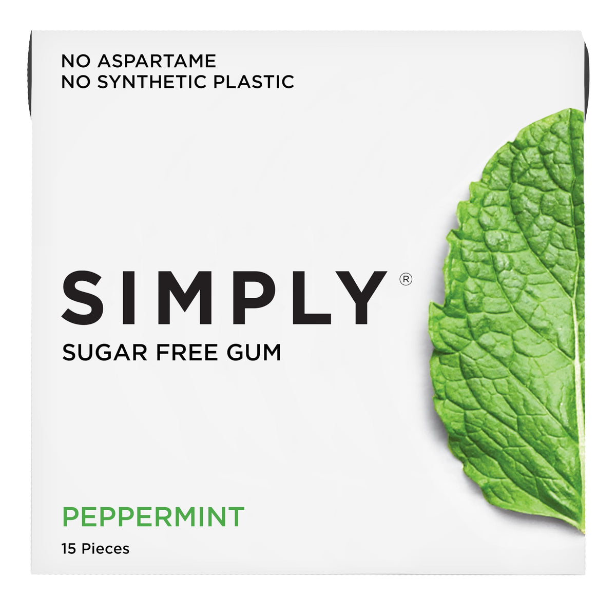 SIMPLY Gum peppermint pack-six shows a plastic-free, refreshing chewing option for clean breath.
