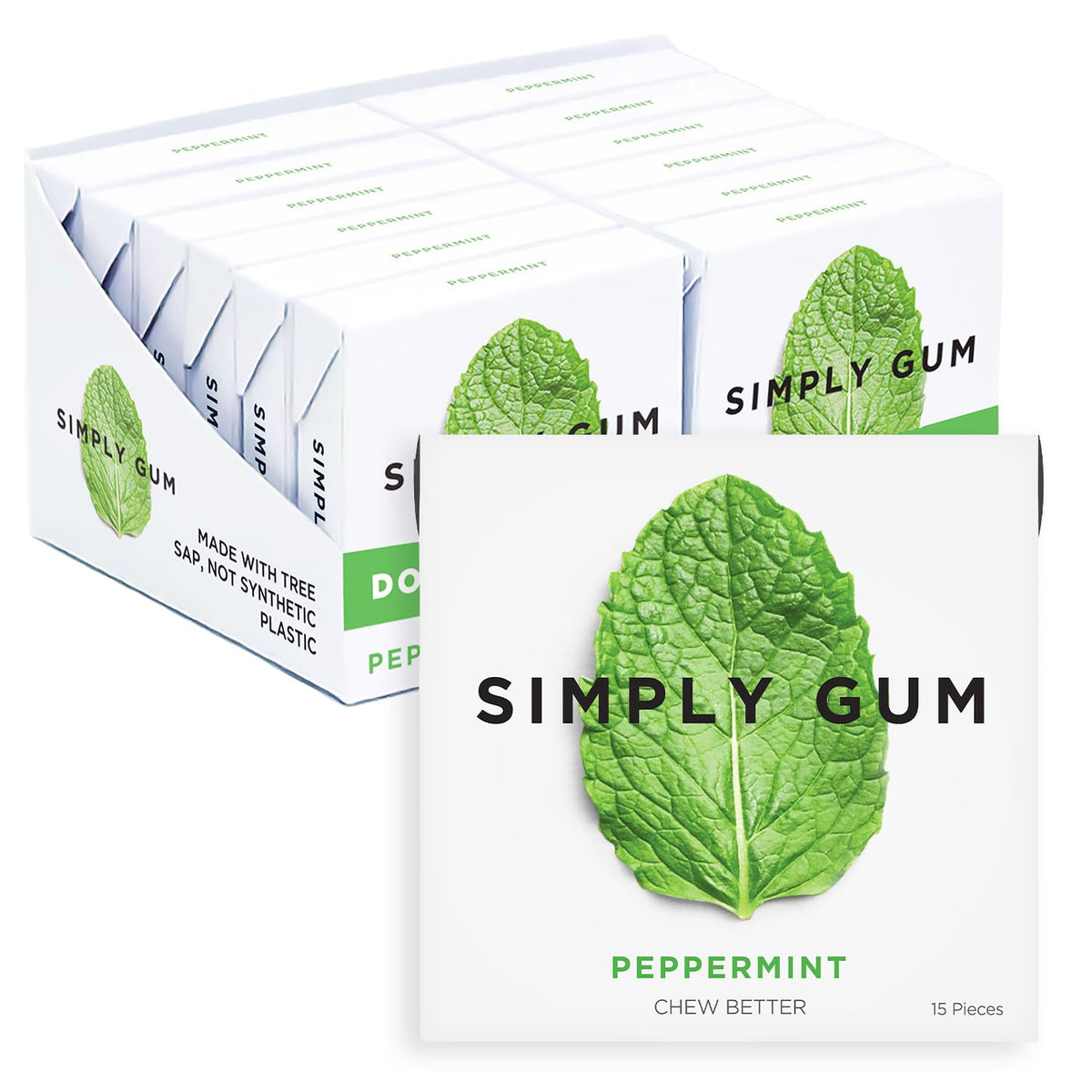 SIMPLY Gum Peppermint with plastic-free packaging highlights natural chew for fresh breath.