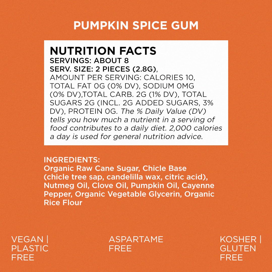Simply Gum Pumpkin Spice beside a coffee cup shows on-the-go convenience.