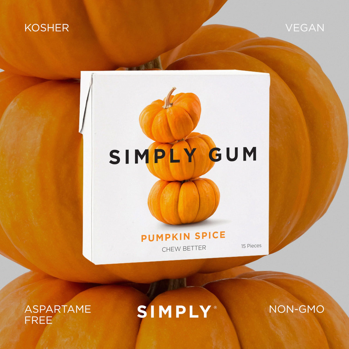 Simply Gum Pumpkin Spice natural ingredients image demonstrates plant oils and clean flavor.