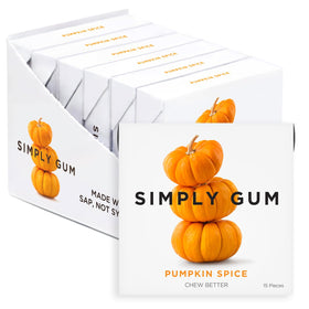 Simply Gum Pumpkin Spice pack shot highlights plastic-free packaging for eco-friendly chewing.