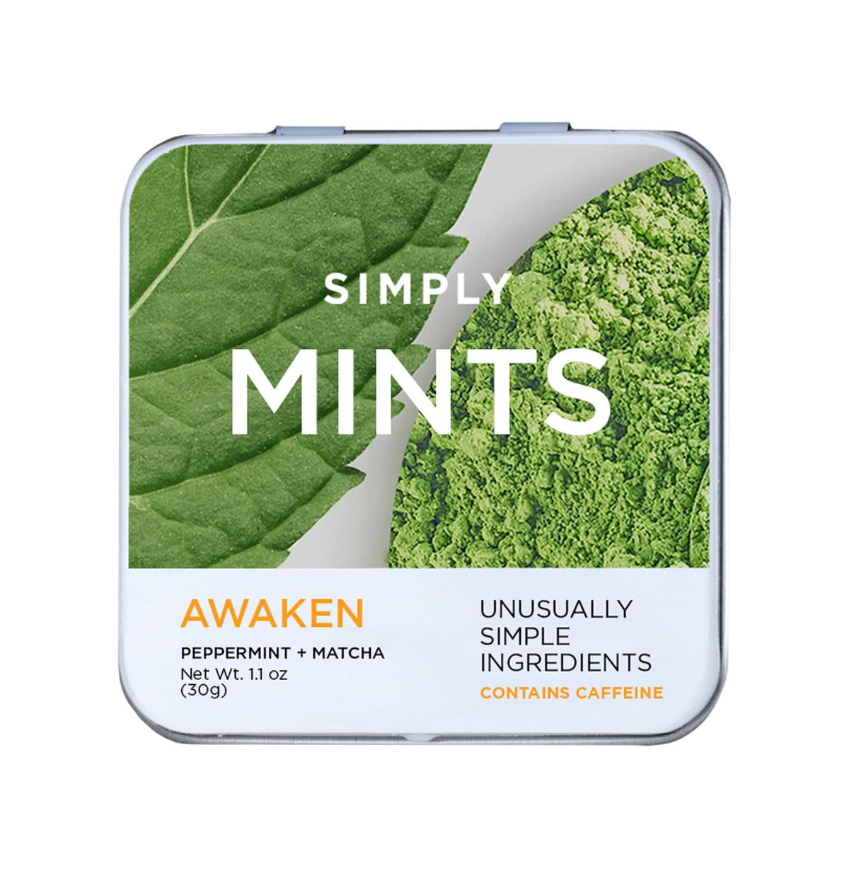 Simply Gum SIMPLY MINTS caffeinated peppermint-matcha tin front for on-the-go energy and fresh breath.